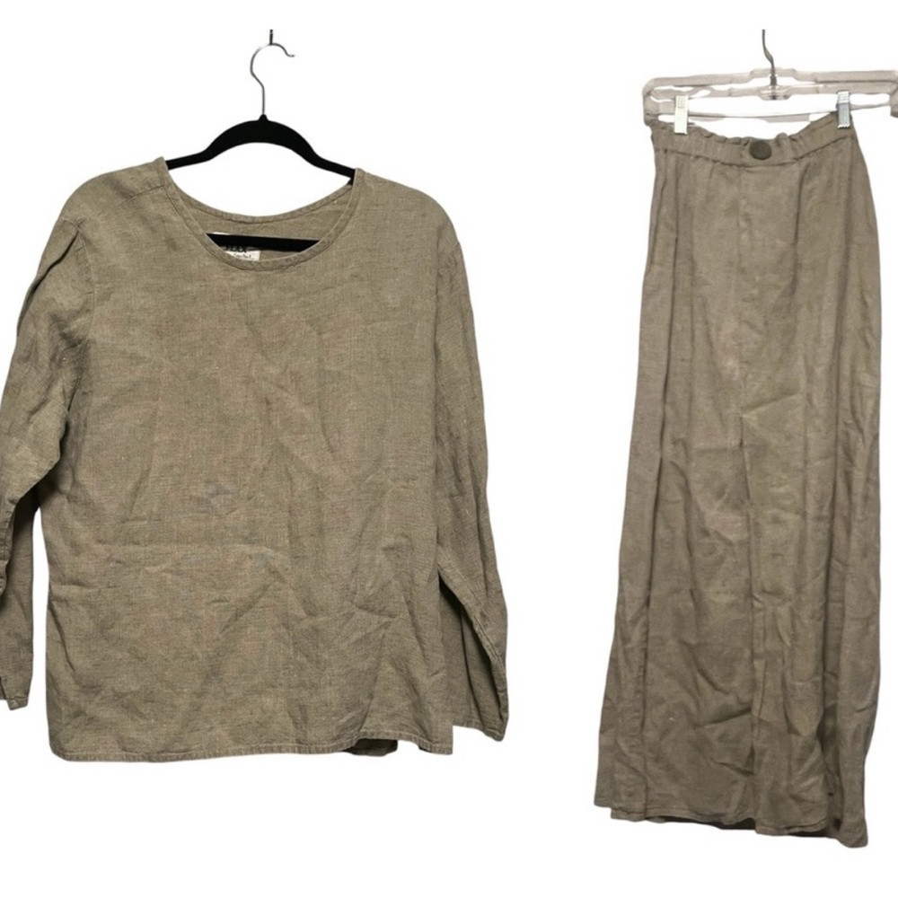 Flax by Jeanne Engelhart Beige Linen Long Sleeve Blouse And Long Skirt Set Small